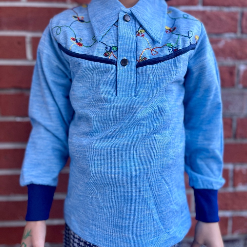 Vintage Kids Light Blue Butterfly Collar Long Sleeved Shirt Embroidered Pattern